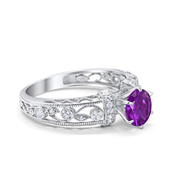 Art Deco Wedding Promise Ring Round Simulated Amethyst CZ 925 Sterling Silver
